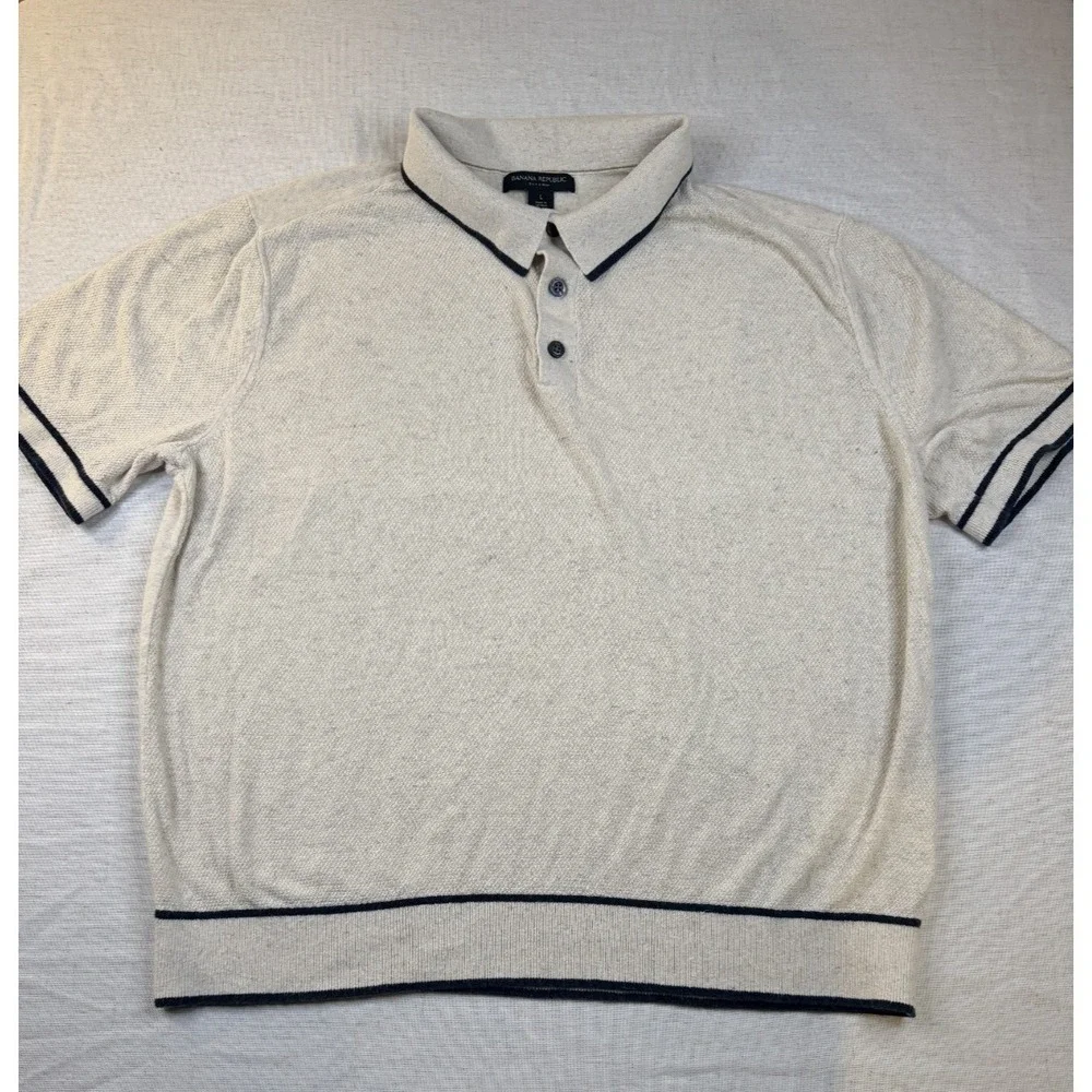 Banana Republic Mens Large Beige Silk Linen Knit Short Sleeve Polo Shirt